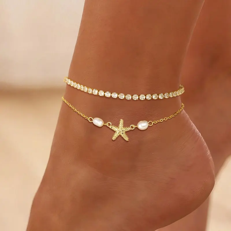 2pc Starfish Tennis Chain Anklet Set