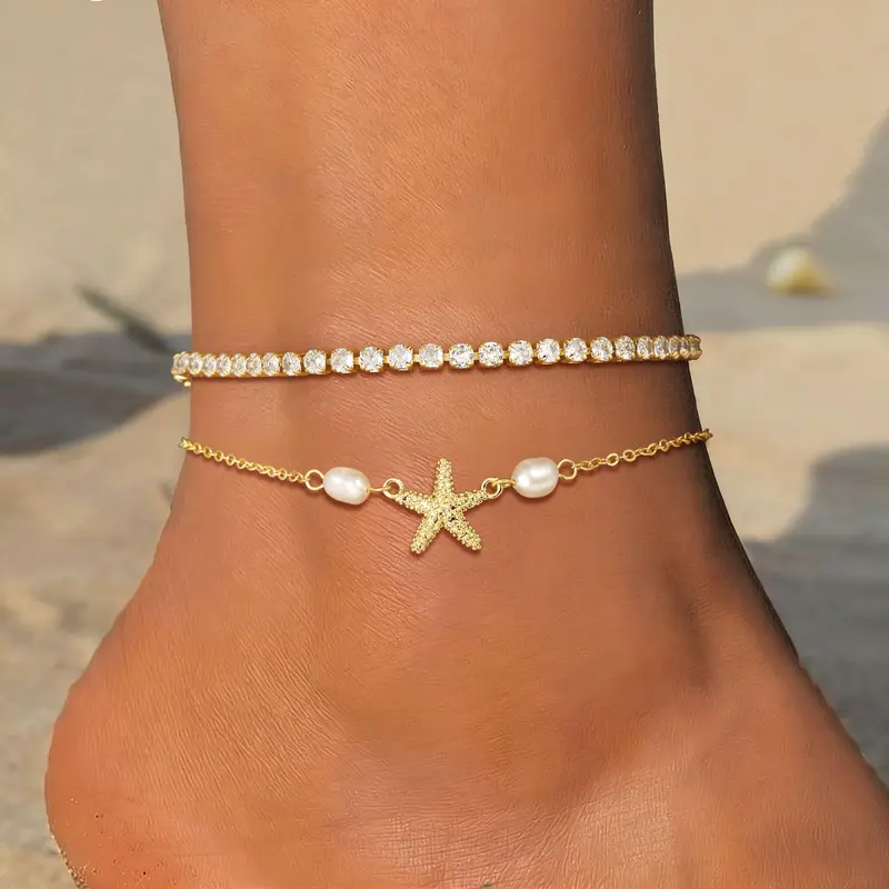 2pc Starfish Tennis Chain Anklet Set