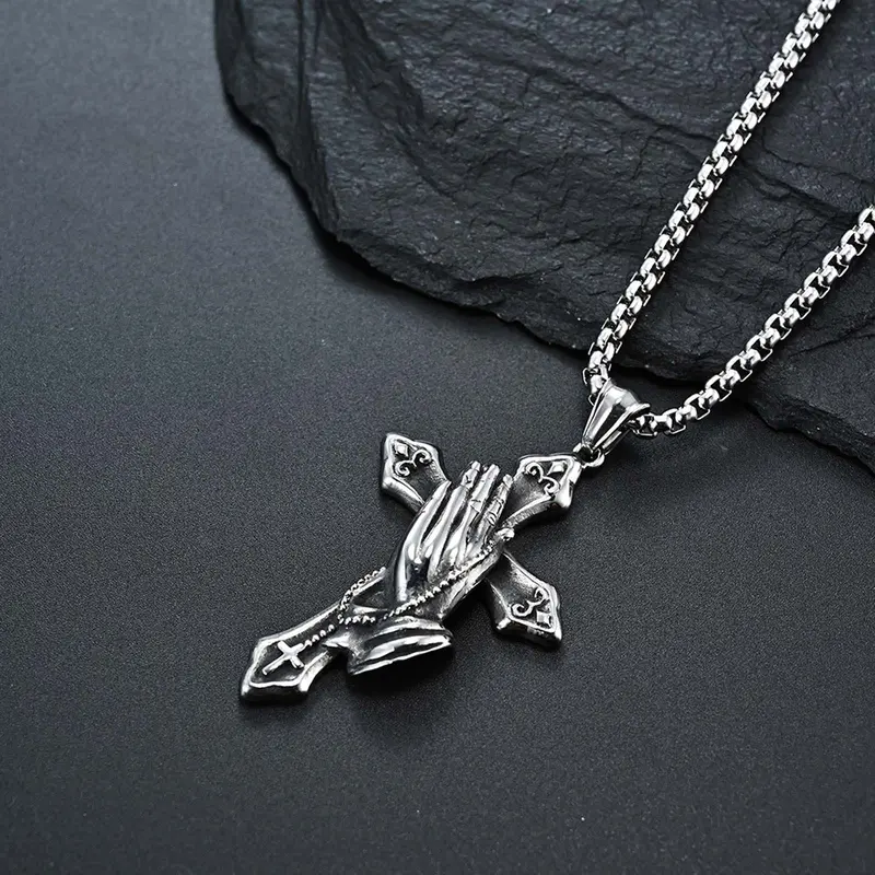 Vintage Cross Praying Hands Necklace