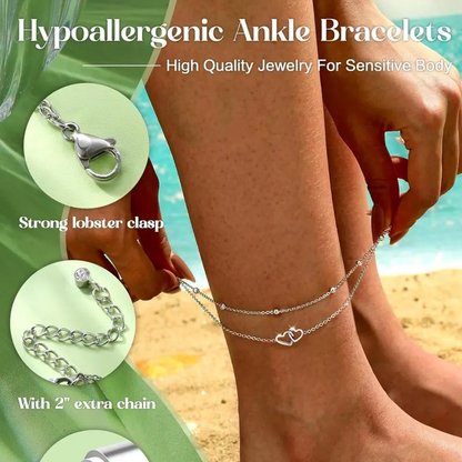 2pc Dainty Interlinked Heart Anklets