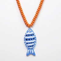 Blue fish + orange bead necklace