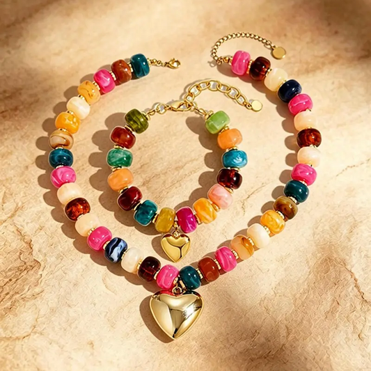 2pc Colorful Beaded Heart Necklace & Bracelet Set