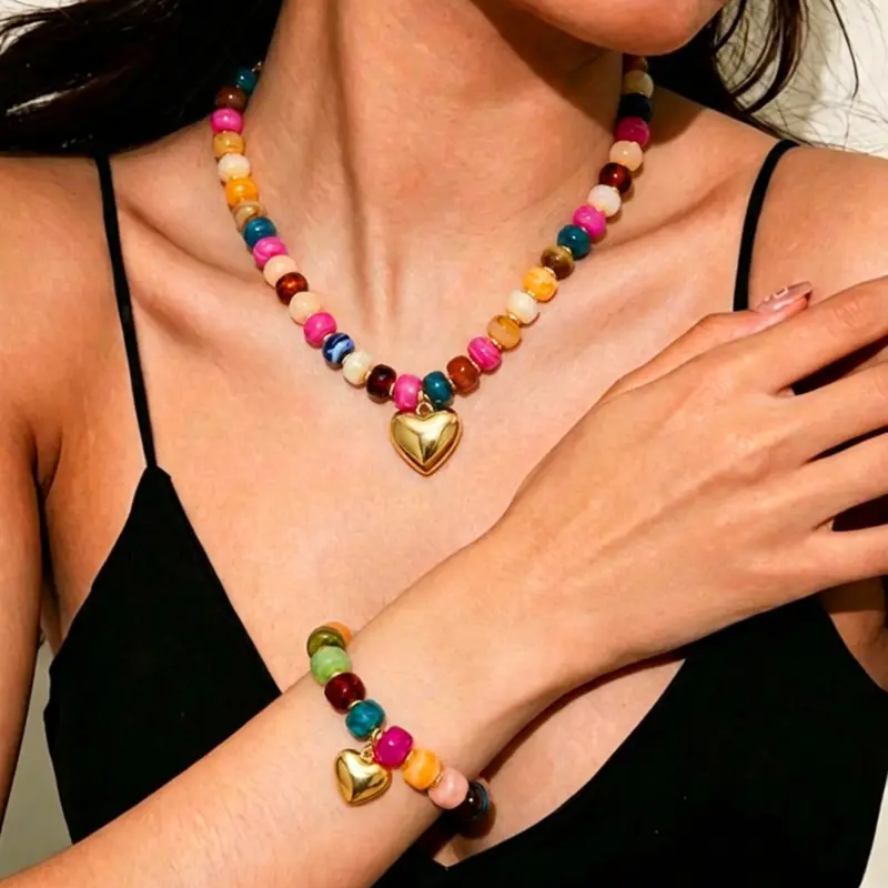 2pc Colorful Beaded Heart Necklace & Bracelet Set