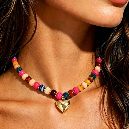 2pc Colorful Beaded Heart Necklace & Bracelet Set