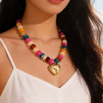 2pc Colorful Beaded Heart Necklace & Bracelet Set