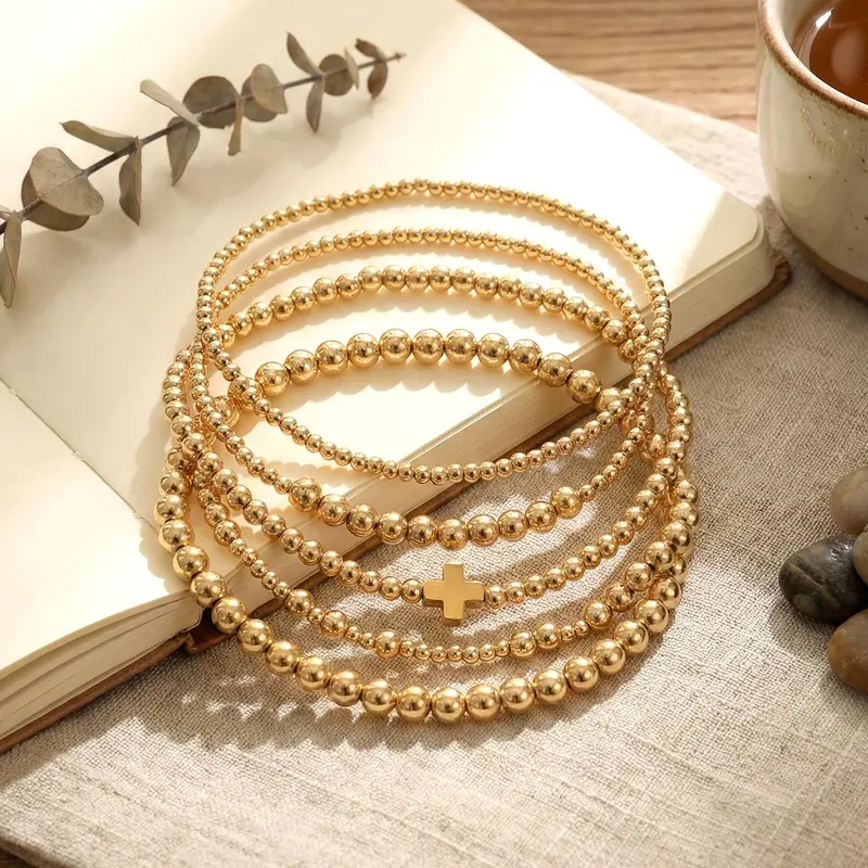 5pc Beaded Cross Bracelet Stack
