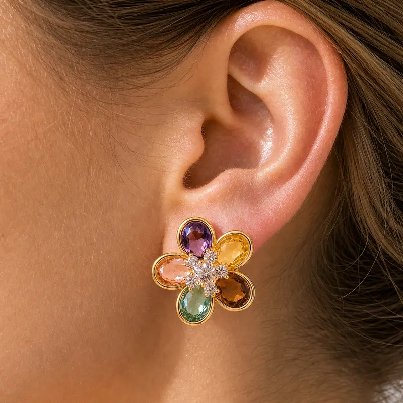 Colorful Floral Crystal Stud Earrings