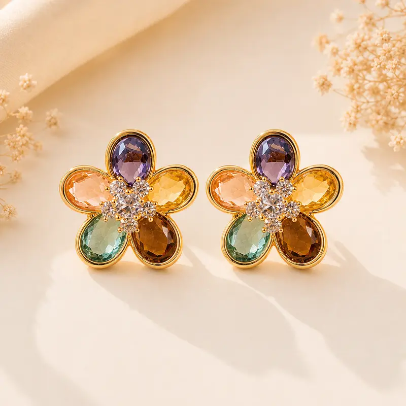 Colorful Floral Crystal Stud Earrings