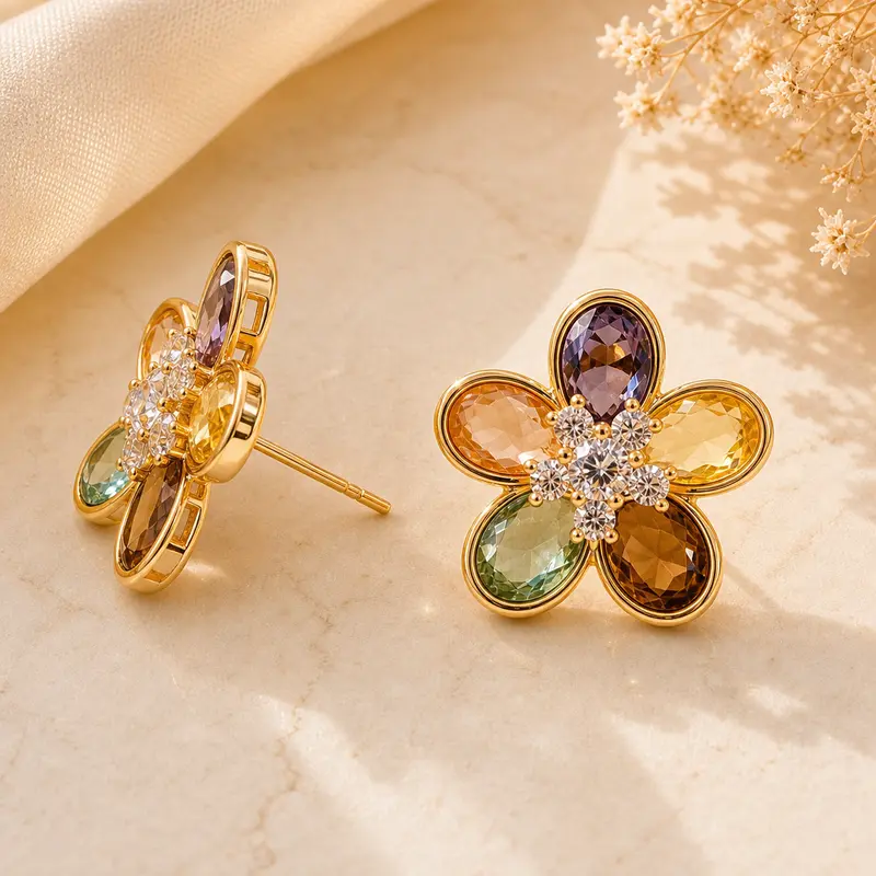 Colorful Floral Crystal Stud Earrings
