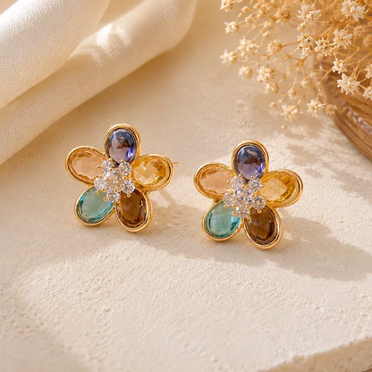 Colorful Floral Crystal Stud Earrings