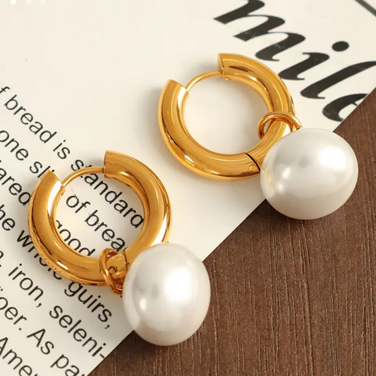 Dangling Pearl Hoop Earrings
