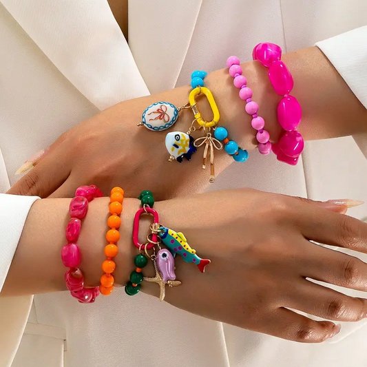 6pc Summer Beaded Charm Bracelets