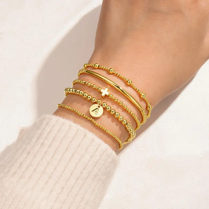 5pc Dainty Cross Initial Bracelet Stack