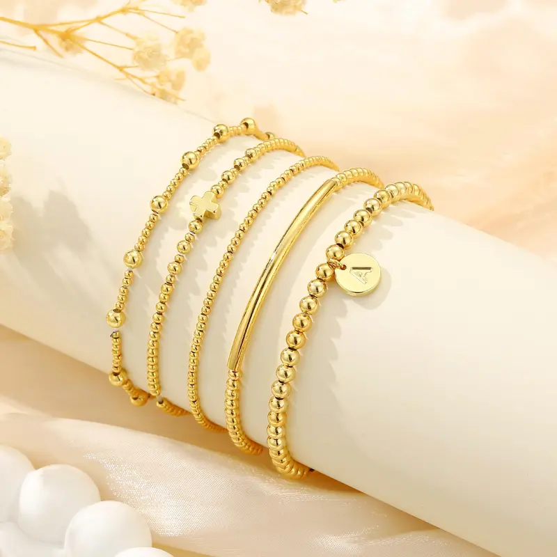 5pc Dainty Cross Initial Bracelet Stack