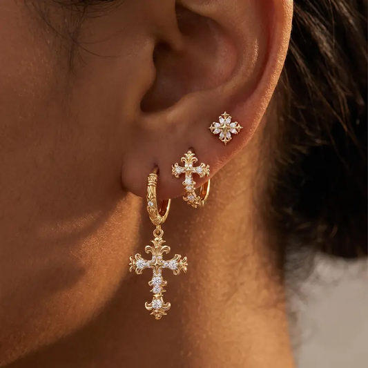 3 Pair (6pcs) Sparkling Cross Earrings Set