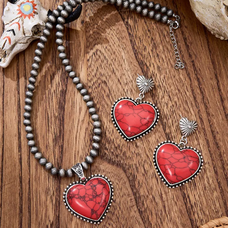 3pc Vintage Boho Heart Necklace Earrings Set