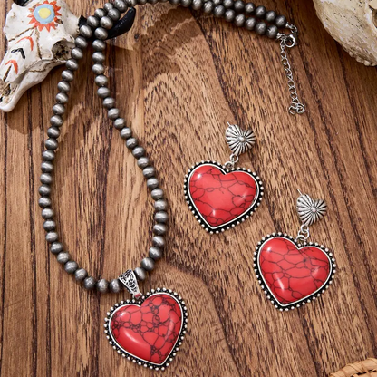 3pc Vintage Boho Heart Necklace Earrings Set
