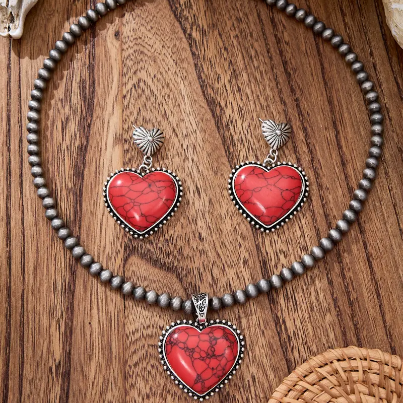 3pc Vintage Boho Heart Necklace Earrings Set
