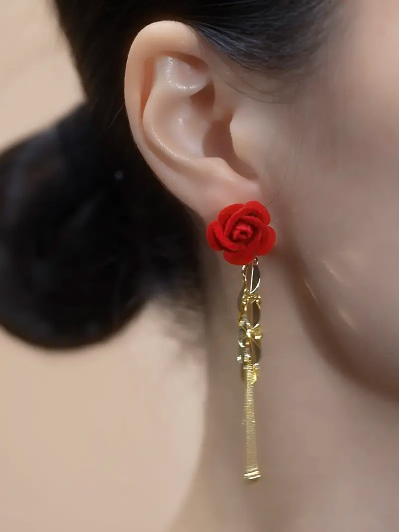 French Red Rose Tassel Earrings