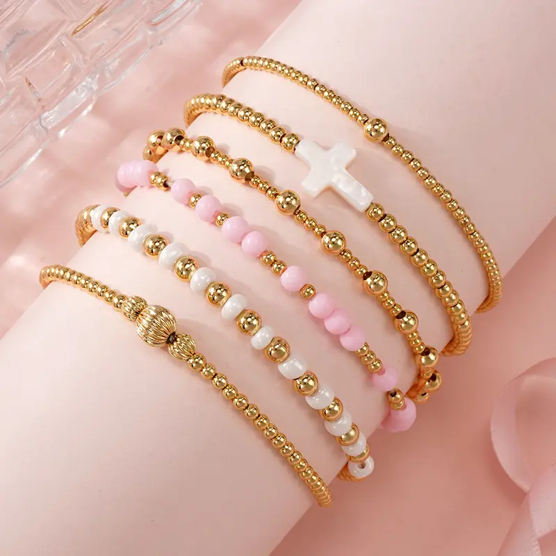 14k 6pc Beaded Stretch Bracelet Stack