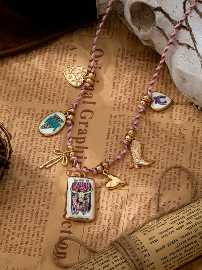3pc Braided Cord Enamel Charms Necklace Set