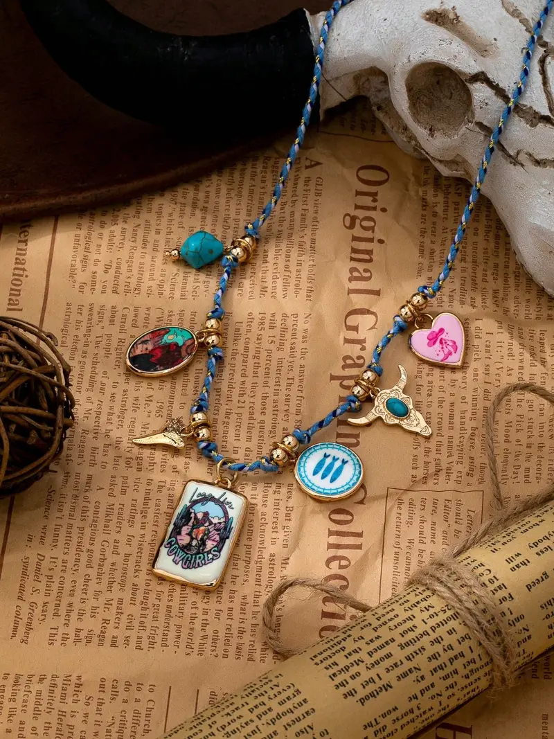 3pc Braided Cord Enamel Charms Necklace Set