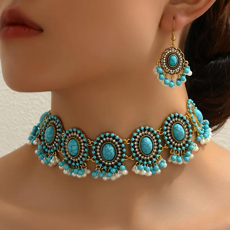 Boho Turquoise Bead Necklace & Earrings Set