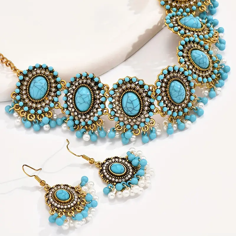 Boho Turquoise Bead Necklace & Earrings Set