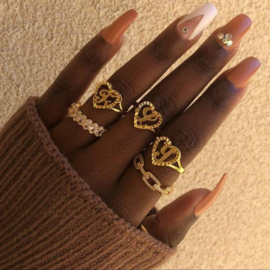 Heart & Letter Design Cuff Ring