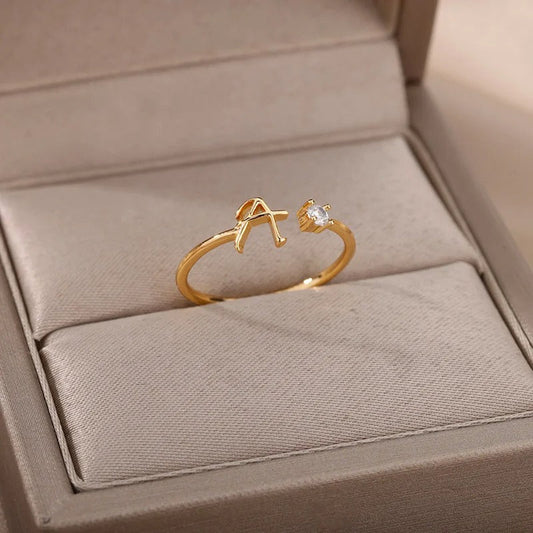 Adjustable Tiny Initial Letter Ring