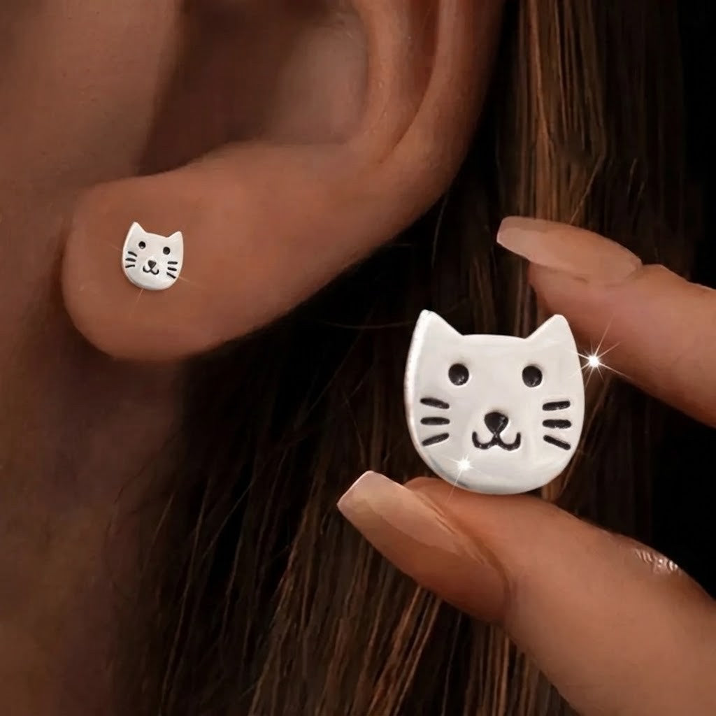Whiskered Cat Face Stud Earrings