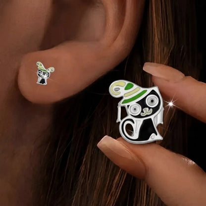 Enamel Witch Cat Stud Earrings