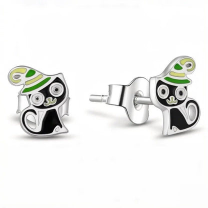 Enamel Witch Cat Stud Earrings