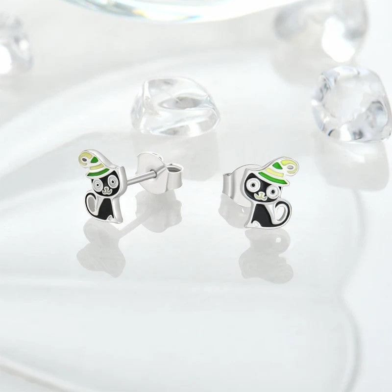 Enamel Witch Cat Stud Earrings