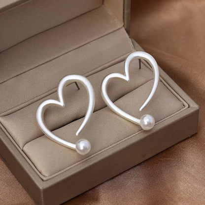 Open Heart Wire Pearl Stud Earrings