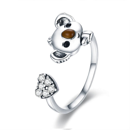 Koala & Crystal Heart Open Ring