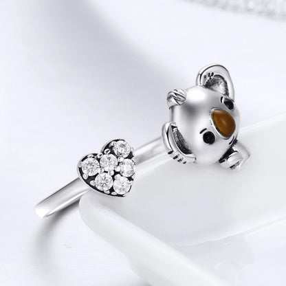 Koala & Crystal Heart Open Ring