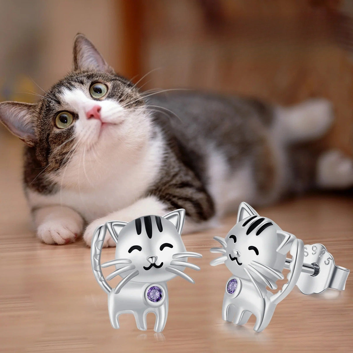 Striped Cat Zircon Stud Earrings