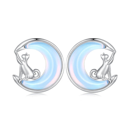 Opal Crescent Moon Cat Stud Earrings