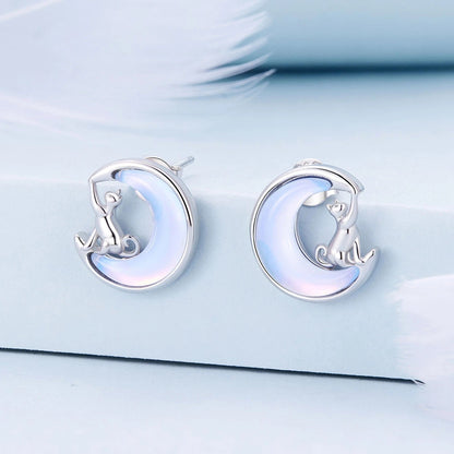 Opal Crescent Moon Cat Stud Earrings