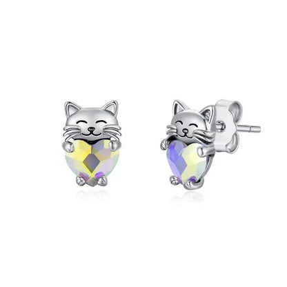 Smiling Cat Crystal Heart Stud Earrings
