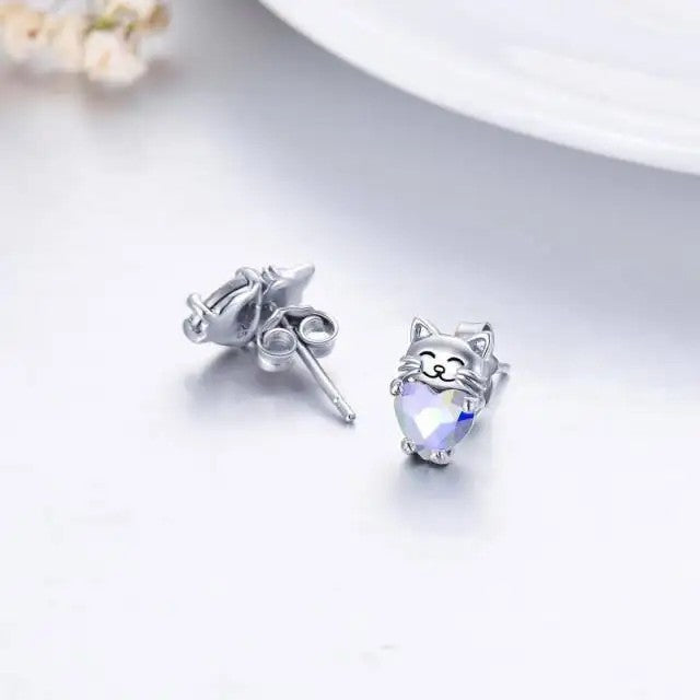 Smiling Cat Crystal Heart Stud Earrings