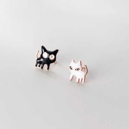 Asymmetrical Black & White Cat Stud Earrings