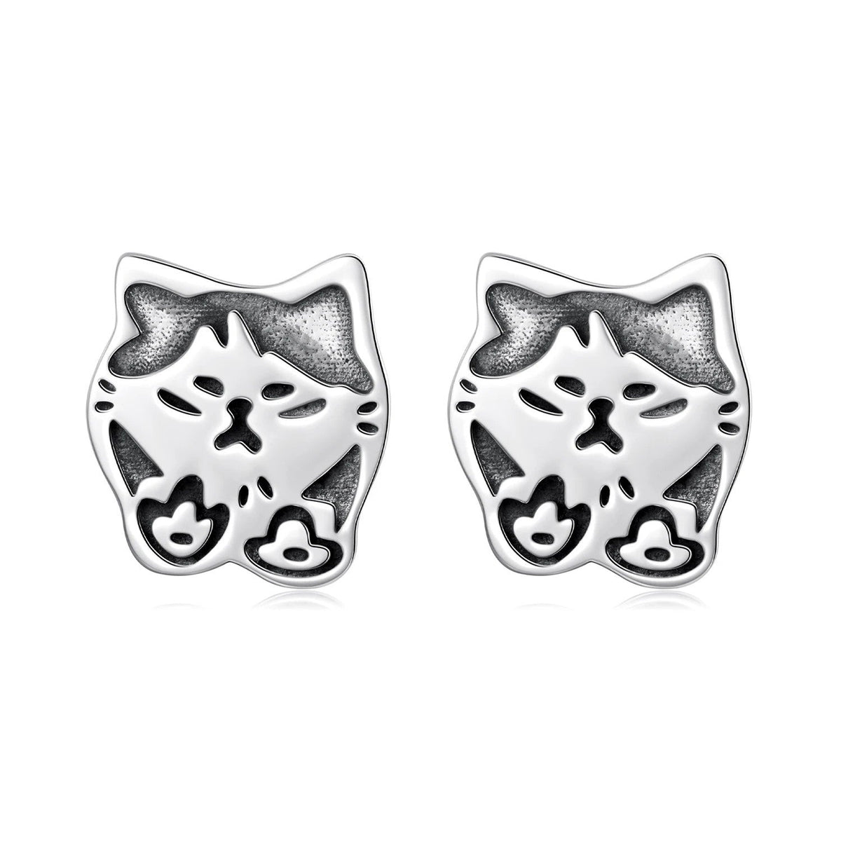 Oxidized Cat Face Stud Earrings