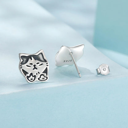 Oxidized Cat Face Stud Earrings