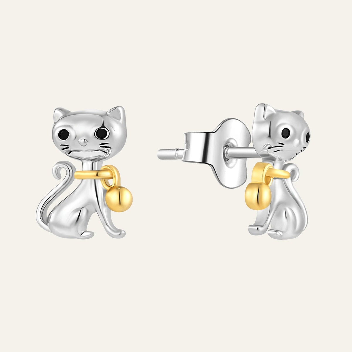 Two-Tone Cat with Bell Stud Earrings