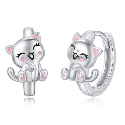 Pink Enamel Cat Hoop Earrings