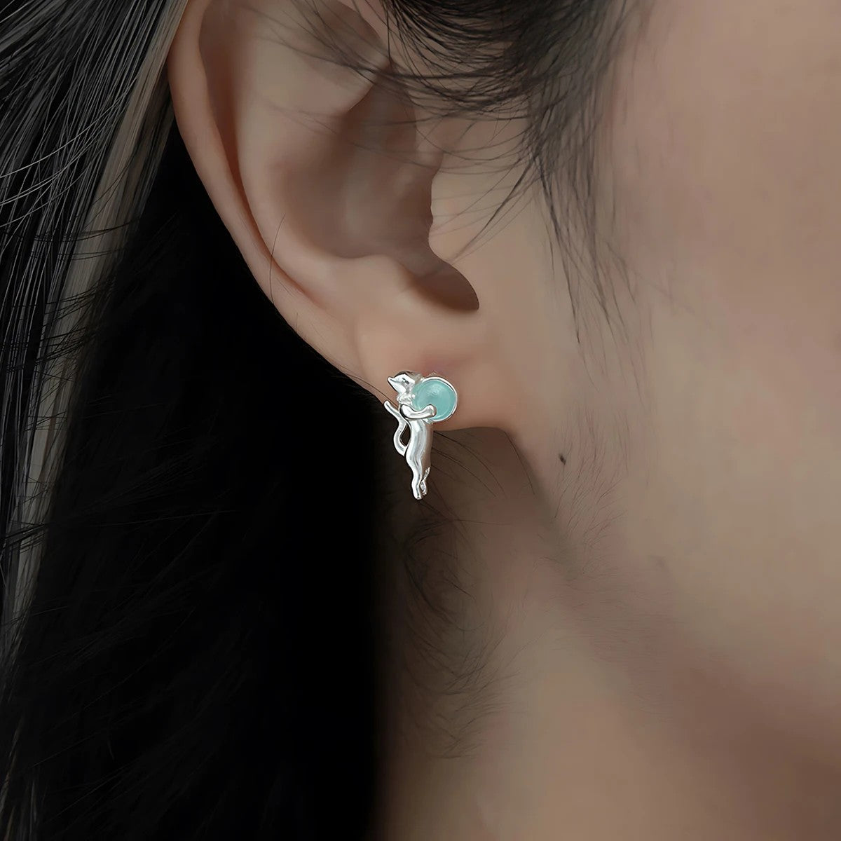 Cat Holding Blue Stone Stud Earrings