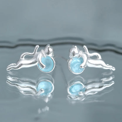 Cat Holding Blue Stone Stud Earrings