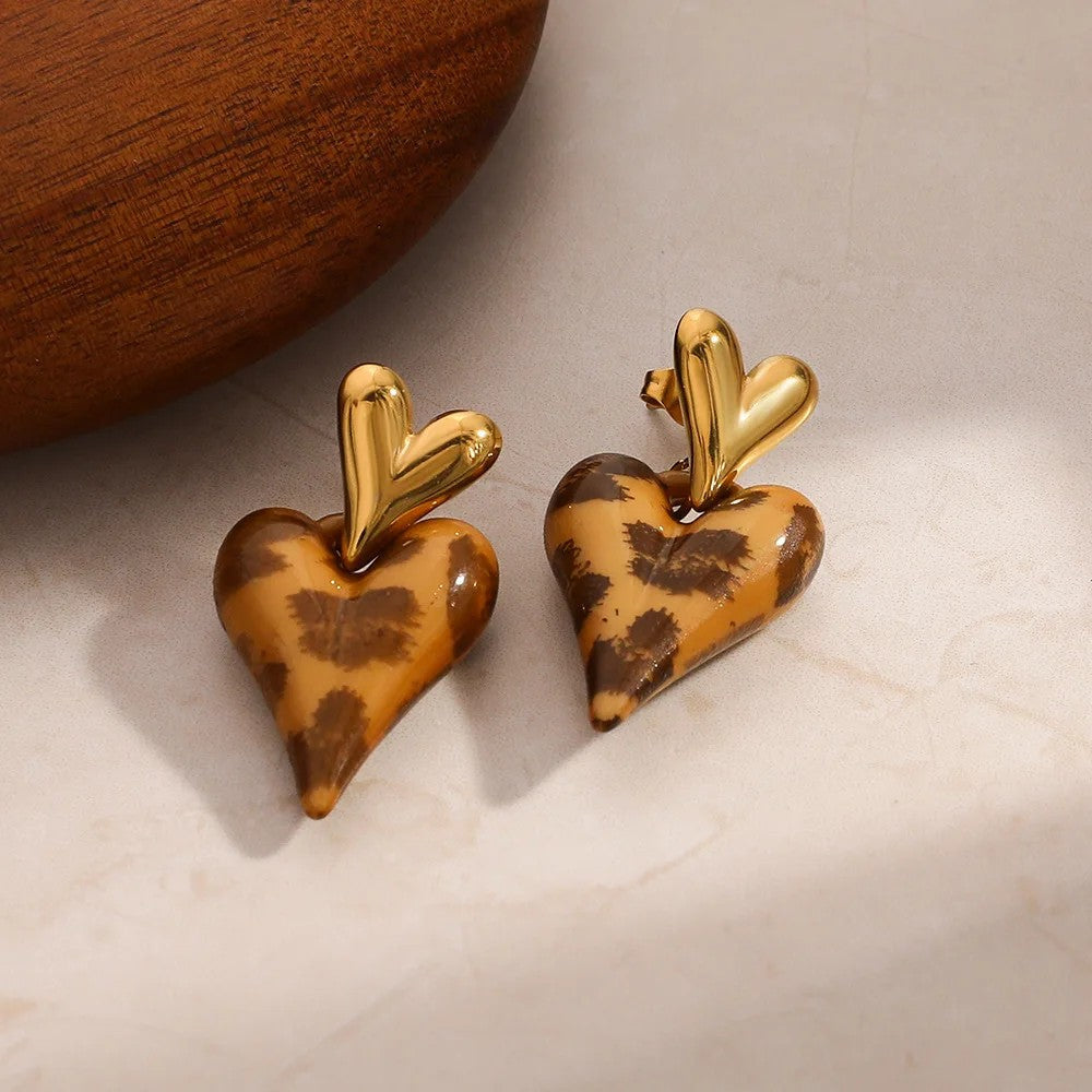 Leopard Print Heart Drop Earrings